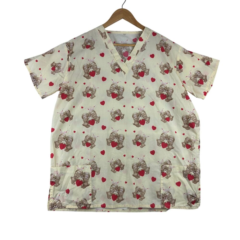 Vintage Puppy Love Scrub Top Women’s Measured 23”PTP XL-2X Valentines Nurse Peds